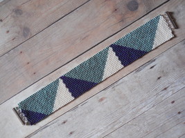Bracelet: Triangle Motif, Green, Blue, &amp; White Peyote Stitch, Tube Clasp - $39.00