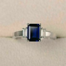 3.55 Ct Emerald Cut Blue Sapphire Diamond Engagement Ring 14K White Gold Over - £78.53 GBP