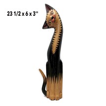 Vintage Hand Carved Wood Floor Standing Cat Statue Big Eyes Head Sideways 23.5&quot; - £31.01 GBP
