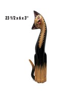 Vintage Hand Carved Wood Floor Standing Cat Statue Big Eyes Head Sideway... - $39.57