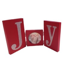 2 Christmas Glitter JOY Standing Shelf Decor 2.5&quot; Picture Frame Red Silv... - $6.76