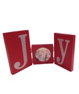 2 Christmas Glitter JOY Standing Shelf Decor 2.5&quot; Picture Frame Red Silv... - £5.28 GBP