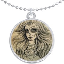 Dia De Los Muertos Girl Skull Round Pendant Necklace Beautiful Fashion Jewelry - £8.58 GBP