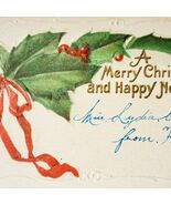 Merry Christmas Happy New Year 1910s Embossed Holly Business Card Size P... - €17,06 EUR