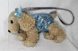 Poochi &amp; Co. Blonde Plush Poodle Pup Purse Blue Sequins Shimmer Patch 12&quot;x9&quot; - £9.00 GBP