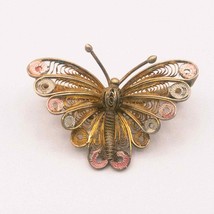 Goldtone Filigree Butterfly Pin Brooch Colorful Wing Tips Pink Blue  - £69.35 GBP