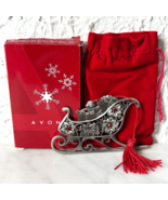 Avon Pewter Christmas Ornament 2007 Sleigh Red Rhinestones Velvet Bag &amp; Box - $18.95