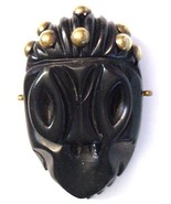 Tribal Mask Carved Black Bakelite Face Pin Brooch - $99.00