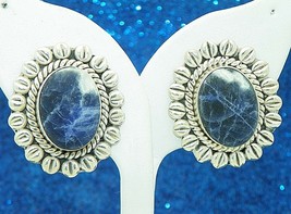 Sodalite Leaf Twist Design CLIP-ON Earrings Real Solid Sterling Silver 25.9 G - £100.21 GBP
