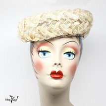 Vintage 1950s Ivory Cream Woven Mesh Ribbon Pillbox Hat with Veil - Hey Viv - £23.98 GBP