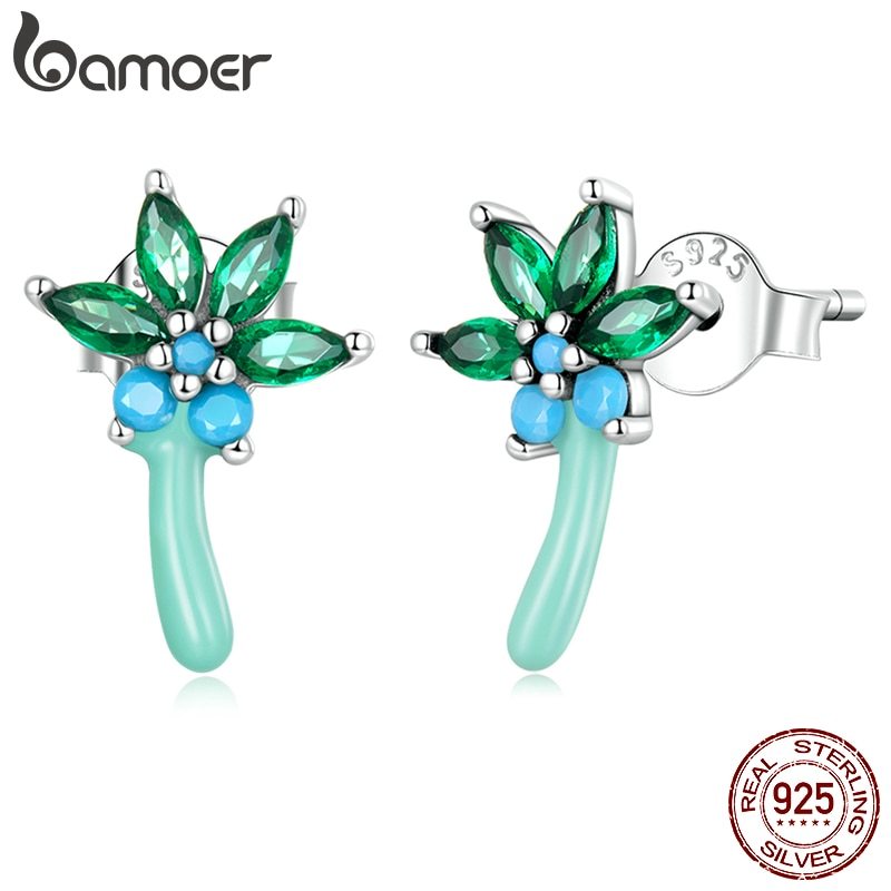 Bamoer 925 Silver Coconut Tree Stud Earrings for Women Green Zirconium Piercing  - £17.46 GBP