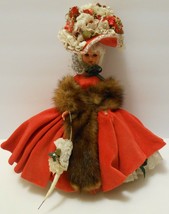 Red Velvet Dress &amp; Fancy Floral Hat Vintage Collectible Doll Parasol Stole - £44.19 GBP