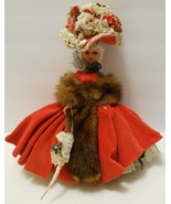 RED VELVET DRESS &amp; FANCY FLORAL HAT Vintage Collectible DOLL Parasol Stole - £43.12 GBP