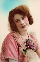 BEAUTIFUL WOMAN WITH FLOWERS ON HER DRESS~FRENCH PHOTO POSTCARD - $3.25