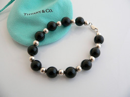 Tiffany &amp; Co Silver Onyx Ball Bead Bracelet Bangle Chain 7.75 In Gift Pouch Love - £350.45 GBP