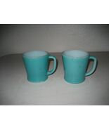 2 Vintage Fire King Green Blue Coffee Cup Mug D Handle - $34.64