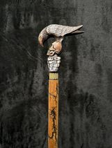 Antique Crow &amp; Skull Walking Cane, Goth Style Wooden Carved Walking Stick, Brass - £43.49 GBP