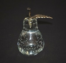 Old Vintage Studio Art Glass Paperweight Pear w Metal Leaf Controlled Bubbles - $24.74