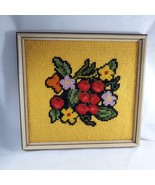 Vintage Cherries Flowers  Bright Colors Framed Needle Point - £30.37 GBP