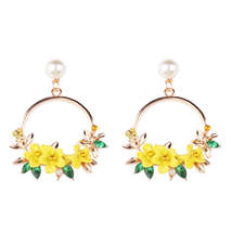 Pearl &amp; Cubic Zirconia Yellow Floral Cluster Hoop Drop Earrings - £11.15 GBP