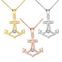 10k or 14k Solid Gold Diamond Cross Anchor Outline Openwork Pendant Necklace - £145.01 GBP+