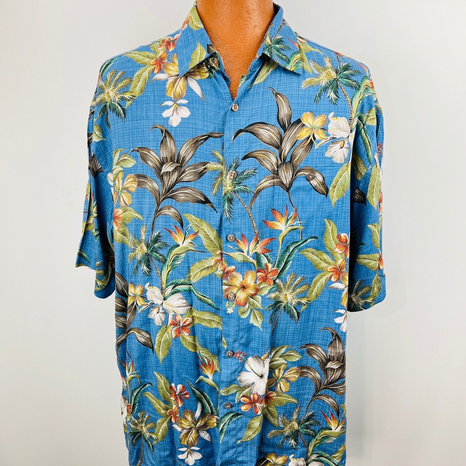 Campia Moda Hawaiian Aloha XL Shirt Hibiscus Flowers Palm Trees Plumeria Blue Item image 2