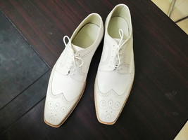 Stylish Men&#39;s Handmade White Wing Tip Brogue Leather Lace Up Dress Fashi... - £114.55 GBP+