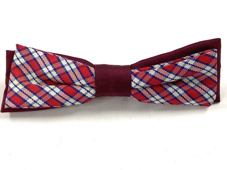 VintageRETRO  Boy’s Royal Clip On Bow Tie Plaid Red Blue  Rayon NYC - $19.60