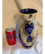 Vintage Cobalt Blue Bohemian Czech Crystal Vase Flowers 24kt Gold 10 in ... - $189.50 CAD
