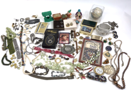 Vtg Junk Drawer Lot Broken Jewelry Watches Military Pins Cufflinks NY Baseball - £23.36 GBP