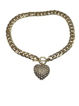 Necklace Pendant Heart Large Rhinestone Covered  Heavy Gold Tone Link Chain - £15.64 GBP