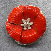 Vtg Red &amp; White Enamel Poppy Pin Flower Brooch Retro Pretty Mid-Cantury ... - $12.00