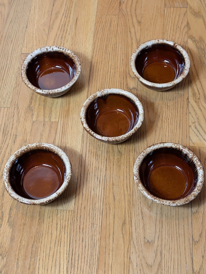 Vtg Hull Pottery Brown Drip 5&quot; Cereal Soup Bowls Set Of 5 Oven Proof USA - $22.49