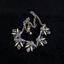 J CREW Statement Necklace Blue Green Rhinestone Floral Gold Tone - $12.49