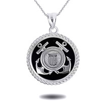 Sterling Silver Onyx Anchors United States Coast Guard Seal Pendant Necklace - £66.26 GBP+