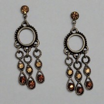 Silver Tone Dangle Earrings with Amber &amp; Golden Rhinestones – Boho Vinta... - $4.95