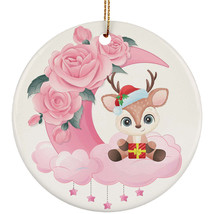 Cute Baby Deer On Pink Moon Ornament Christmas Gift Home Decor For Animal Lover - £11.83 GBP