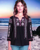 $215 Johnny Was Embroidered Peasant Top Small Black Geometric Embroidery NWT - £100.46 GBP