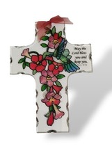 Joan Baker Designs Hand-Painted Glass Cross, Floral, Hummingbird, Free Ship - $29.69