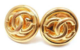 Authentic! Chanel Gold Tone CC Logo Simple Classic Clip-On Large Earrings - £1,051.69 GBP