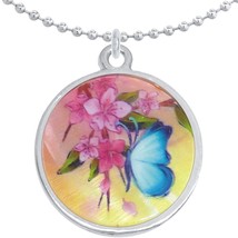 Blue Butterfly on Flower Round Pendant Necklace Beautiful Fashion Jewelry - £8.60 GBP