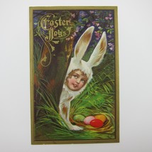 Easter Postcard Blonde Child White Rabbit Costume Colored Eggs Embossed Antique - £8.01 GBP