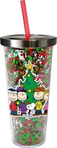 Peanuts Gang in front of Christmas Tree 16 oz Glitter Travel Cup with St... - $14.50