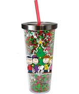 Peanuts Gang in front of Christmas Tree 16 oz Glitter Travel Cup with St... - £11.40 GBP
