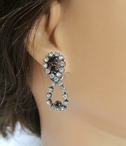 Vintage Black Stone Crystal Dangle Earrings Clip On Silver Figure 8 Prong set - £14.77 GBP