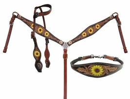 Western Horse Leather Tack Set w/ Sunflower Design Bridle + Breast Colla... - $90.82