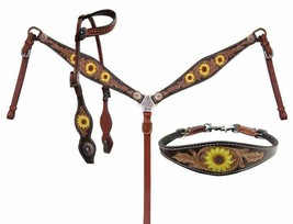 Western Horse Leather Tack Set w/ Sunflower Design Bridle + Breast Colla... - £72.77 GBP