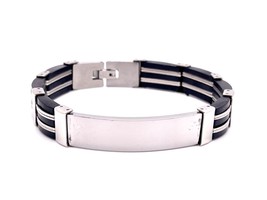 Men’s Stainless Steel &amp; Rubber 9mm Link Bar Bracelet 8.5 In. - £14.84 GBP