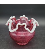 Vintage Fenton Cranberry Red Swirl Snow White Crest Ruffled Glass Vase - $24.74