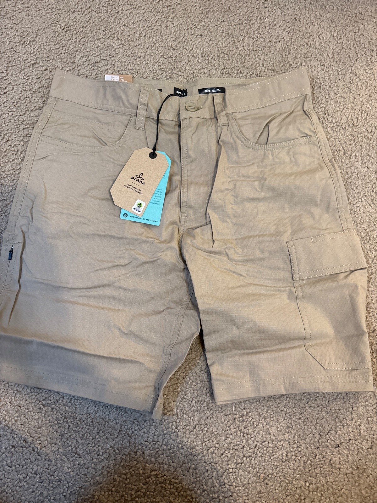 NEW Prana Double Peak Shorts Men&#39;s Size 32” x 8” Sandbar Tan Pockets Sta... - $34.68